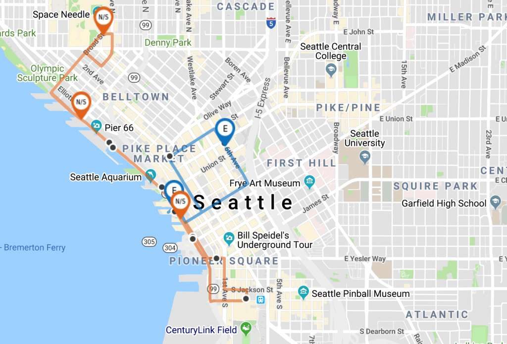Route map of Free Seattle Waterfront Shuttle