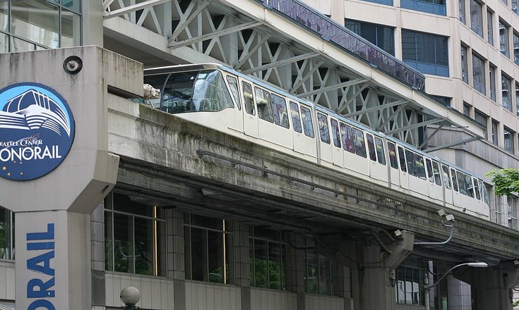 Seattle Monorail arriving at Westlake Station, shot from below